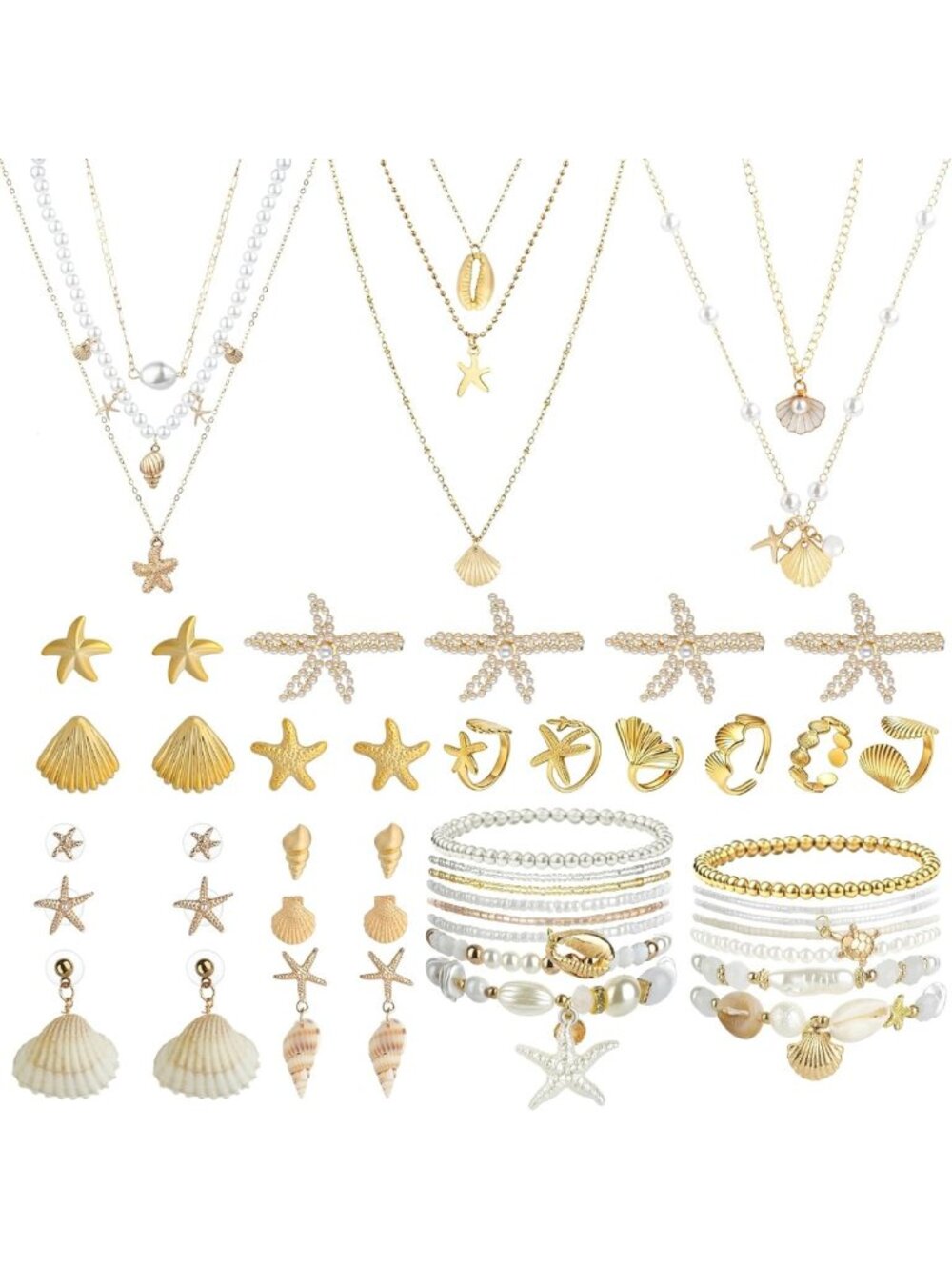 42 Pcs Beach Jewelry Set | Starfish & Seashell Accessories for Women Summer Fun